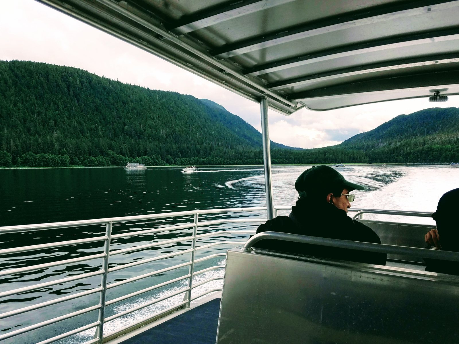 Looking out from inside a covered whale-watching catamaran at forested mountains and flat grey water near Juneau