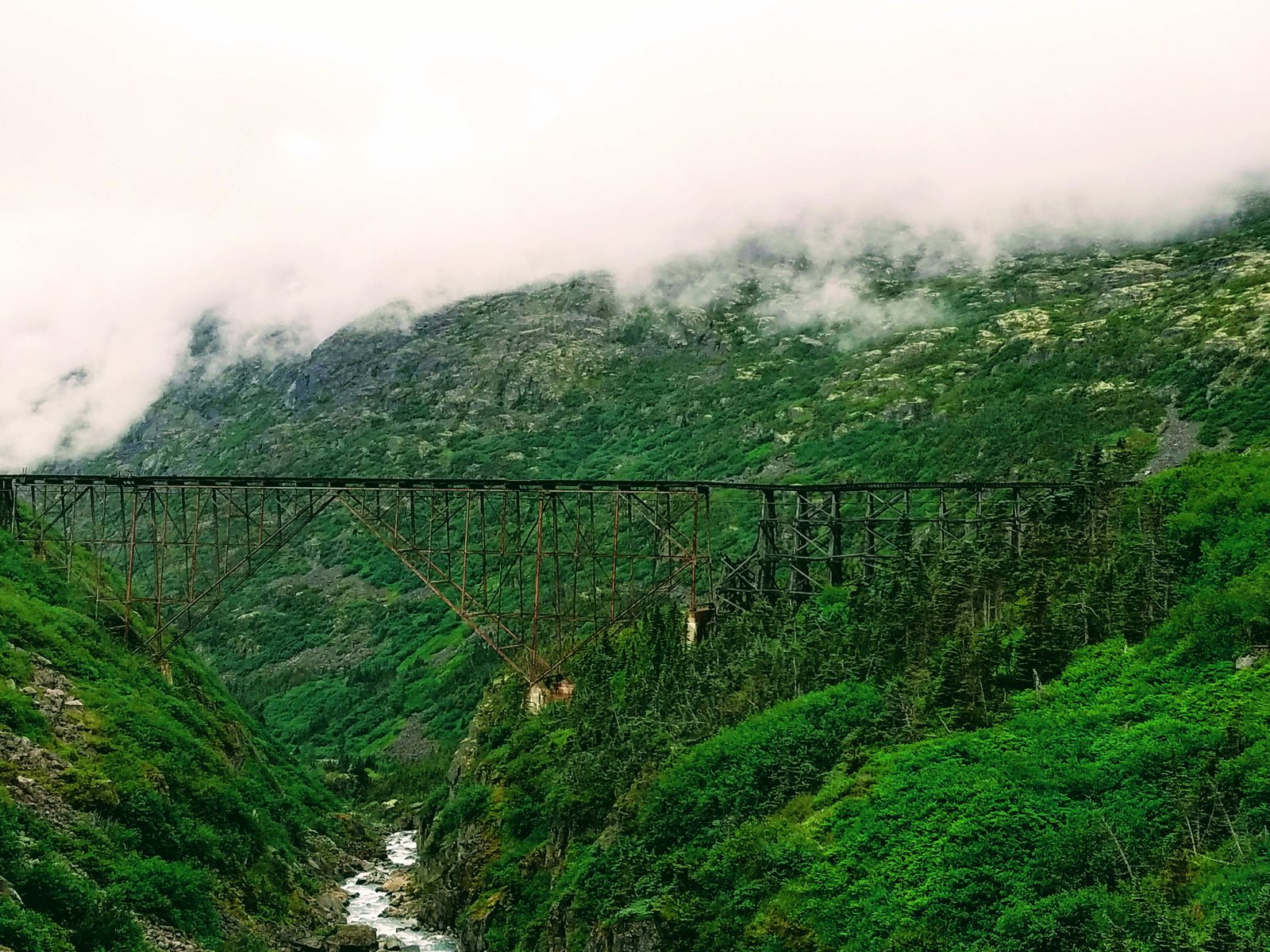 A steel cantilever railway bridge spanning a deep green gorge on the White Pass and Yukon Route