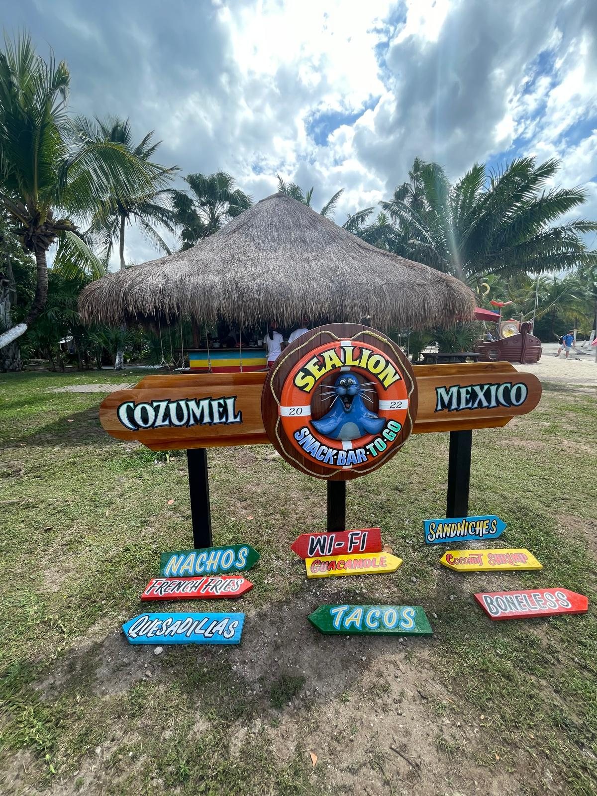 A carved and painted Cozumel Mexico sign beside a thatched palapa, with hand-lettered boards for nachos and tacos
