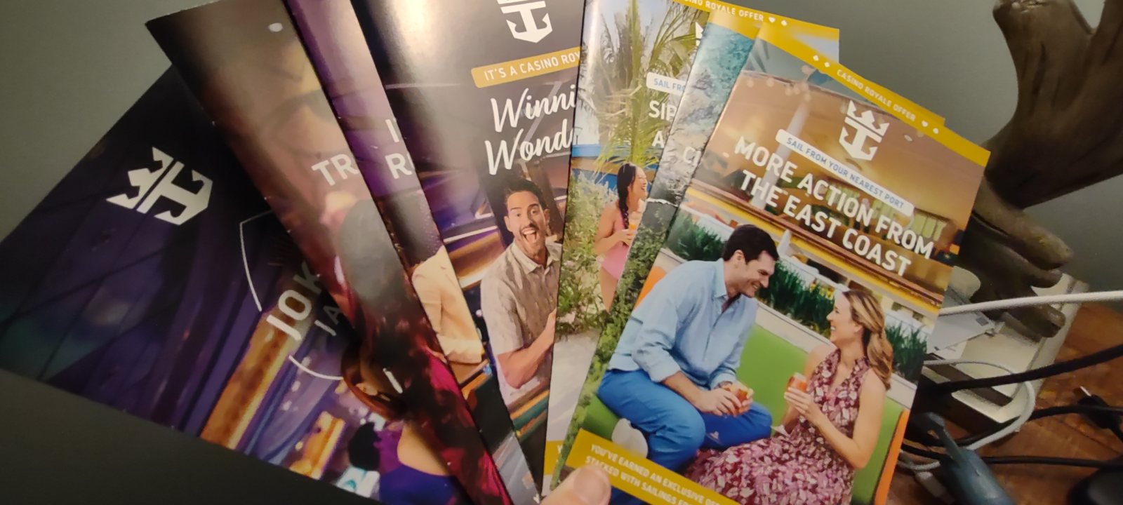 A fan of cruise line offer brochures spread out on a table