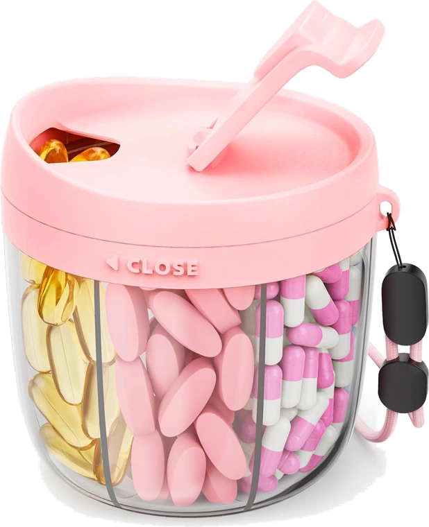 Pink cup-shaped travel pill dispenser with separate sections and a twist spout